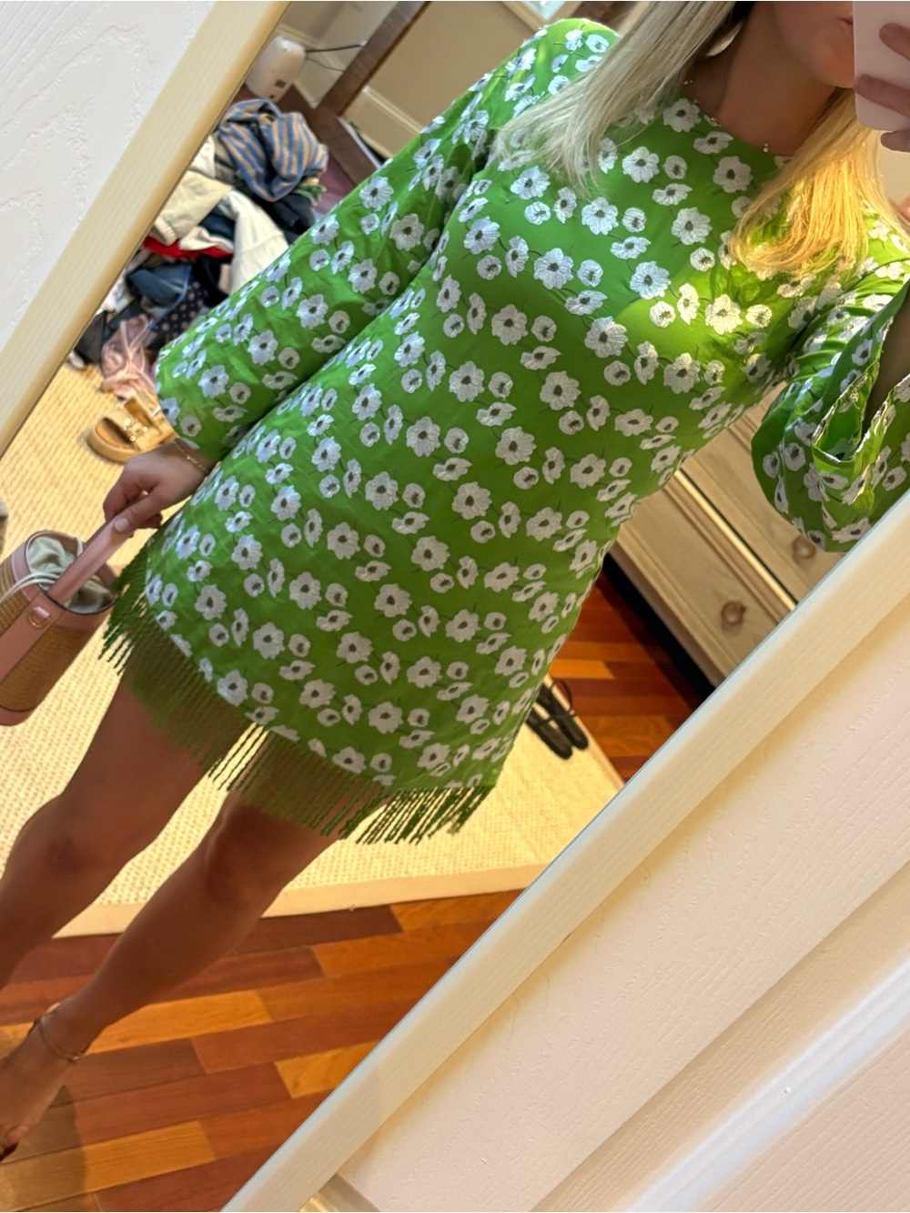 Green Floral Fringe Shift Dress